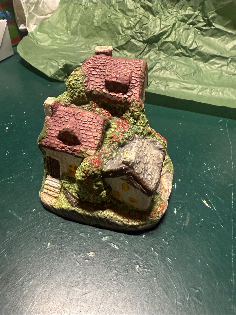 Miniature Cottage Figurine in Red Roof and Green Foliage